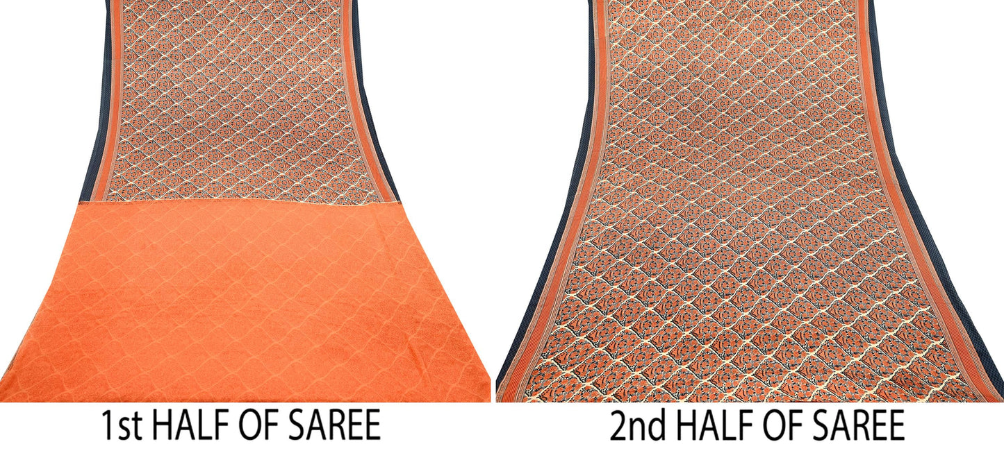 Indian Vintage Sari Orange & Beige Moss Crepe Printed Sarees 6yd Craft Fabric Sewing Floral Soft Dressmaking Quilting Crafting Upcycle Used