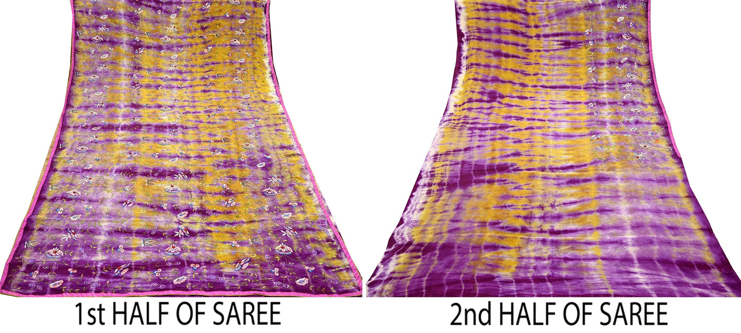 Indian Vintage Saree Purple & Yellow Pure Crepe Silk Hand Embroidered Tie-Dye Sari Fabric 5yard Sewing Craft Fabric Ethnic Dressmaking