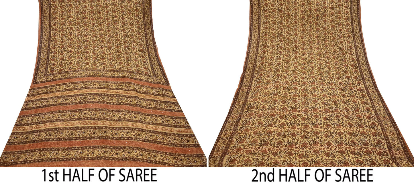 Women Vintage Sari Beige Pure Georgette Silk Digital Printed Saree Craft Fabric Sewing 5Yd Light Dress Making Geometric Crafting Quilting