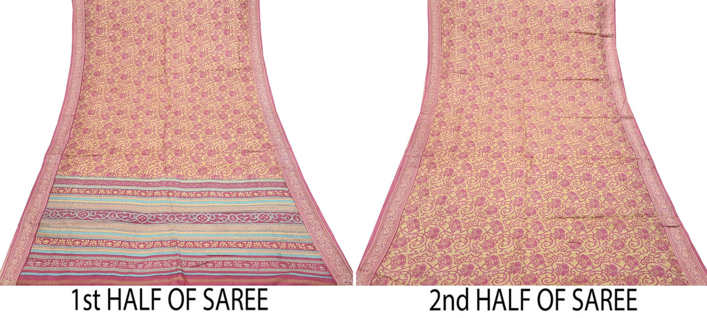 Indian Vintage Sari Pink & Beige Pure Silk Printed Sarees 5yd Sewing Craft Fabric Dress Making Soft Floral Paisley Upcycle Quilting Crafting