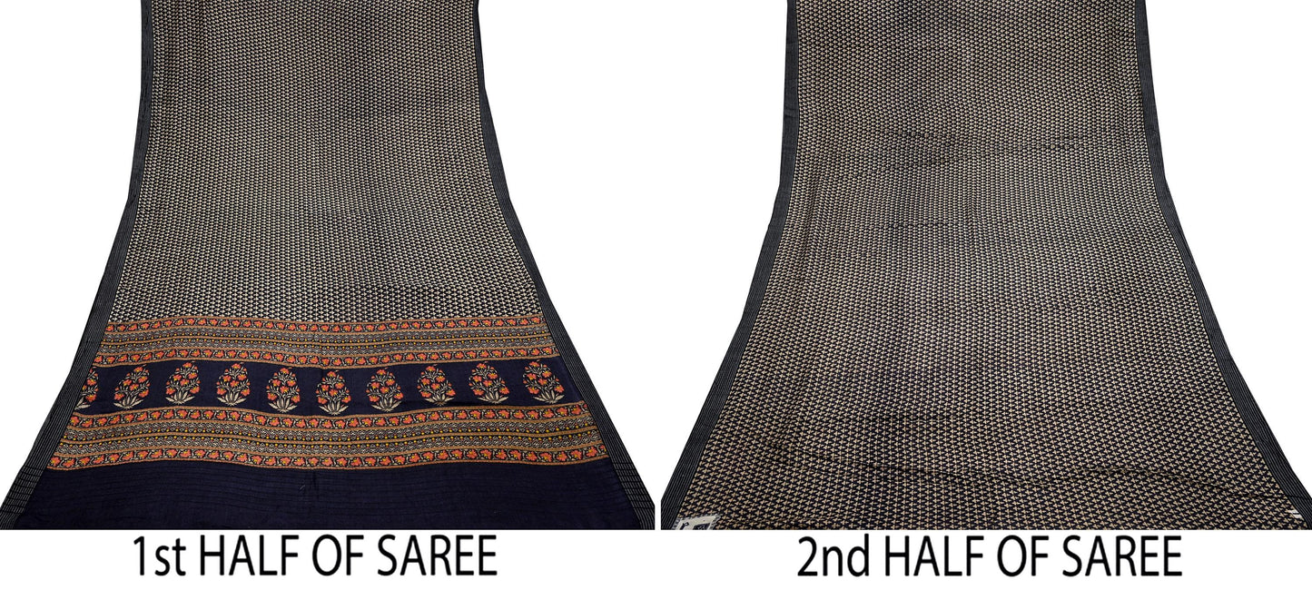 Indian Vintage Black & Beige Saree Pure Woolen Woven Printed Sari Warm Craft Fabric 5Yd Woven Border Dress making Crafting Dress Designing