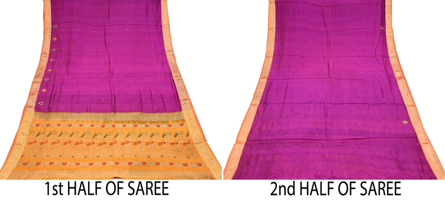 Indian Vintage Heavy Purple & Saffron Kanjivaram Saree 100% Pure Silk Sari Zari 5Yd Floral Crafting Dress making