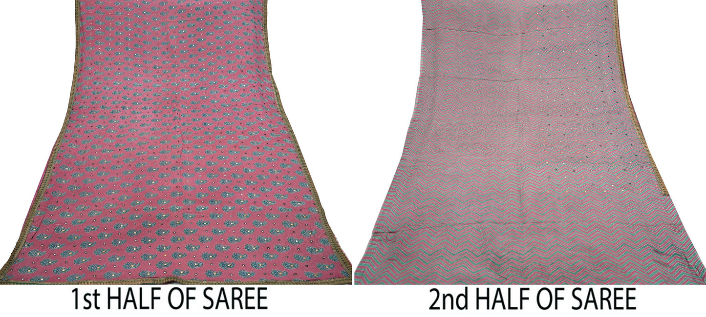 Indian Vintage Saree Pink Hand Embroidered Printed Blend Silk Sari Fabric 6Yd Ethnic Paisley Ethnic Dress making Crafting Quilting Upcycle