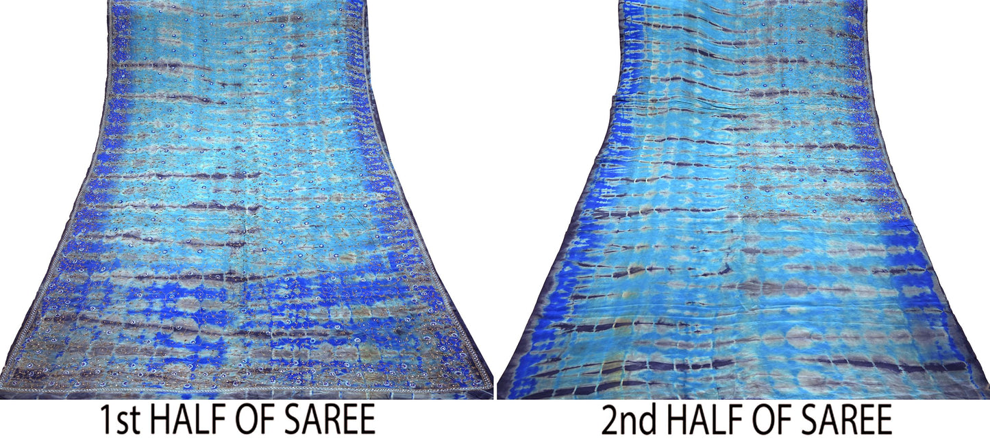 Indian Vintage Saree Pure Crepe Silk Hand Embroidered Tie-Dye Sari Fabric 5yard Sewing Craft Fabric Ethnic Dressmaking Crafting Zardozi Zari