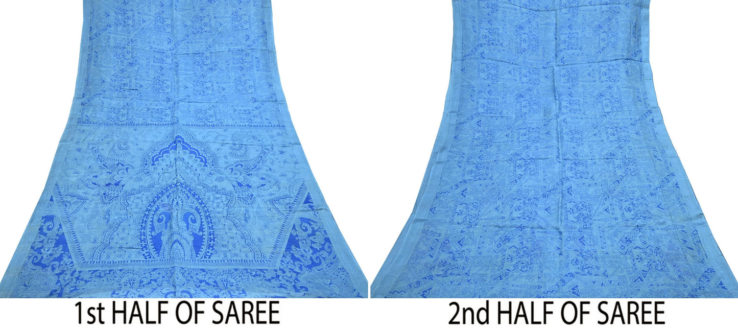 Indian Vintage Sari Blue Pure Silk Printed Saree 6yard Sewing Craft Fabric DressMaking Wrap Floral