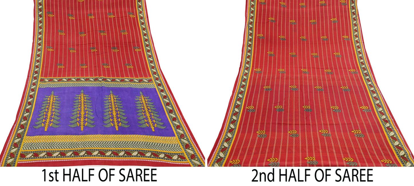 Indian Vintage Sari Purple & Red Block Printed Pure Cotton Saree Craft Fabric 5Yd Sewing Sarong Wrap Boho Floral Crafting Upcycle Quilting