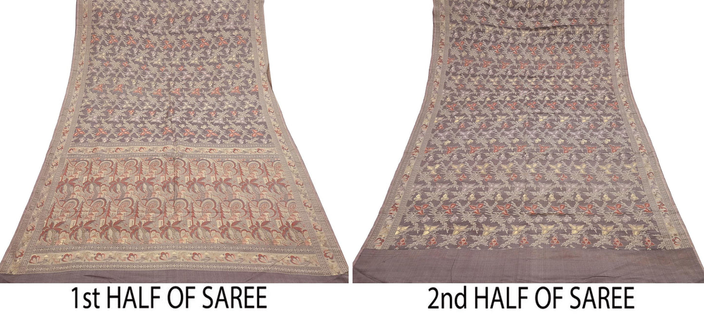 Indian Vintage Sari Brown 100% Pure Silk Hand Woven Sarees Craft Fabric 5Yd Ethnic Sewing Dress making Crafting Quilting Upcycle