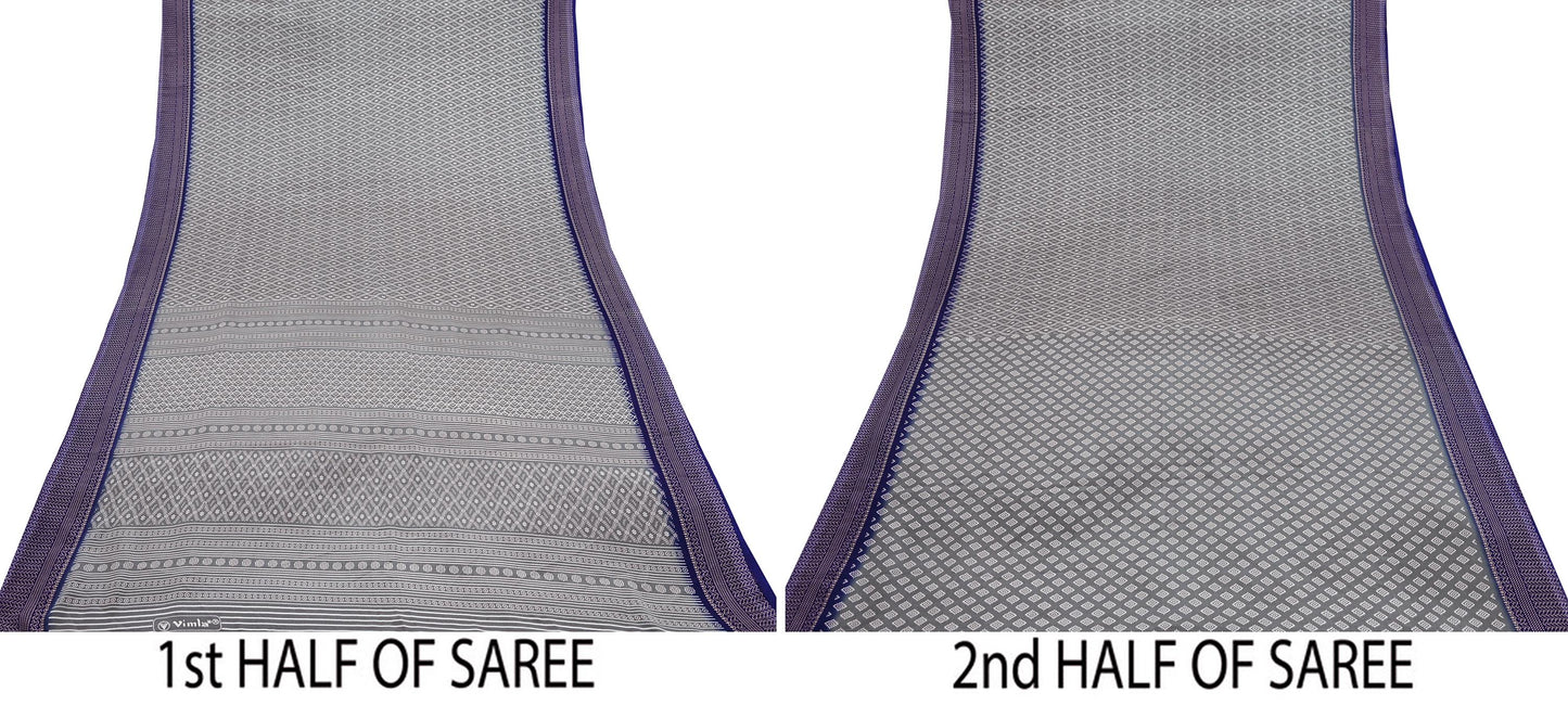 Indian Vintage Sari Blue & Gray Moss Crepe Printed Sarees 6yd Craft Fabric Sewing Floral Soft Dress making Quilting Crafting Upcycle Used