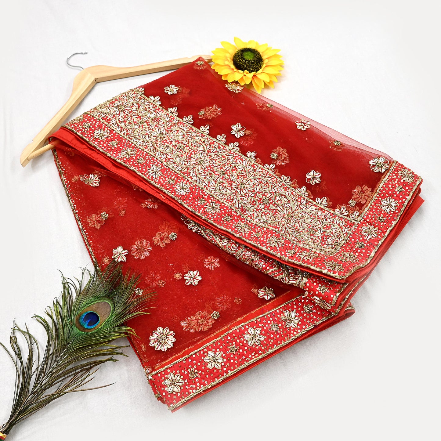 Indian Vintage Heavy Red Dupatta Net Mesh Long Stole Hand Embroidered Scarves Golden Zardozi Dabka Zari Stole Bridal/ Wedding veil