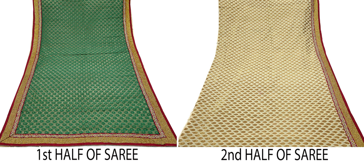 Indian Vintage Heavy Sarees Beige & Green Pure Cotton Hand Embrooidered Jamdani Sari 6yd Ethnic Floral Craft Fabric Dress making Upcycle
