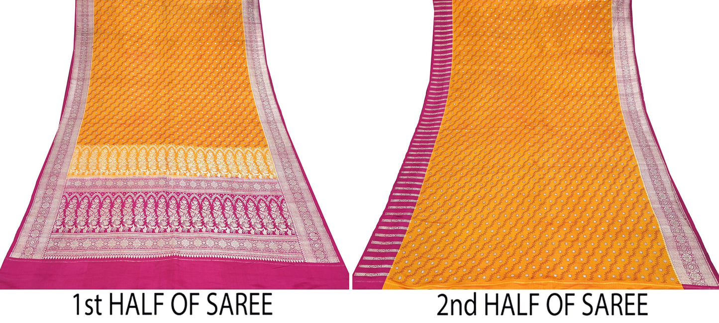 Indian Vintage Sari Heavy Wedding Pure Satin Silk Saffron & Pink saree Banarasi Brocade Saree Golden Zari 5Yard Fabric Ethnic Dressmaking