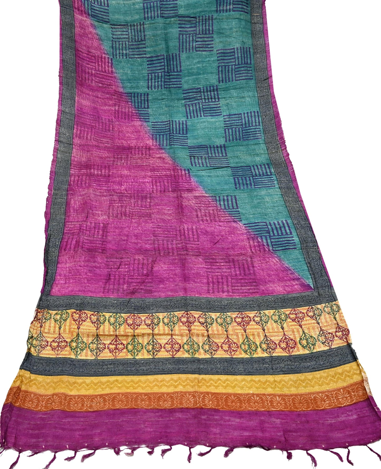 Indian Vintage Green & Purple Dupatta Long Stole 100% Pure Khadi Silk Hand Woven/ Printed Scarves Veil Scarf Wrap Hippie Fringes