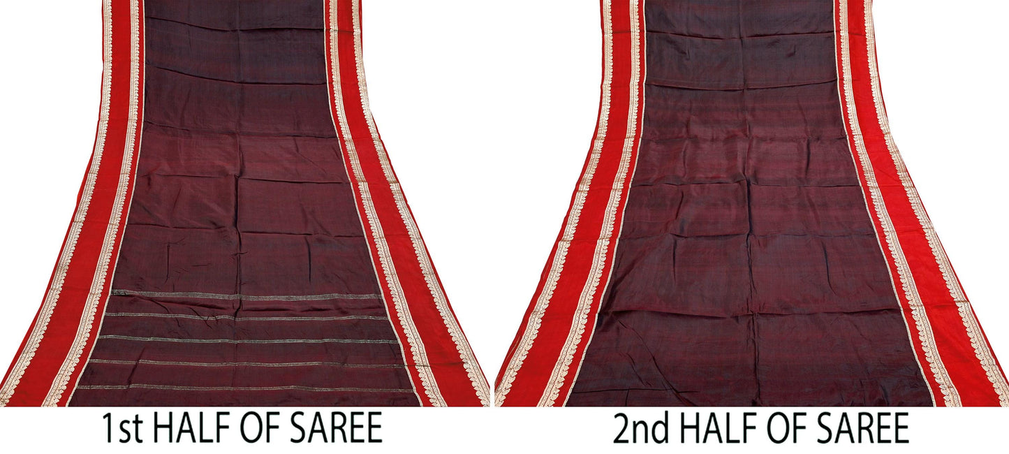 Indian Vintage Sari Red & Maroon Mysore Silk Woven Saree with Zari Border 5 Yards Soft Craft Fabric Upcycle, Quilting, Dressmaking
