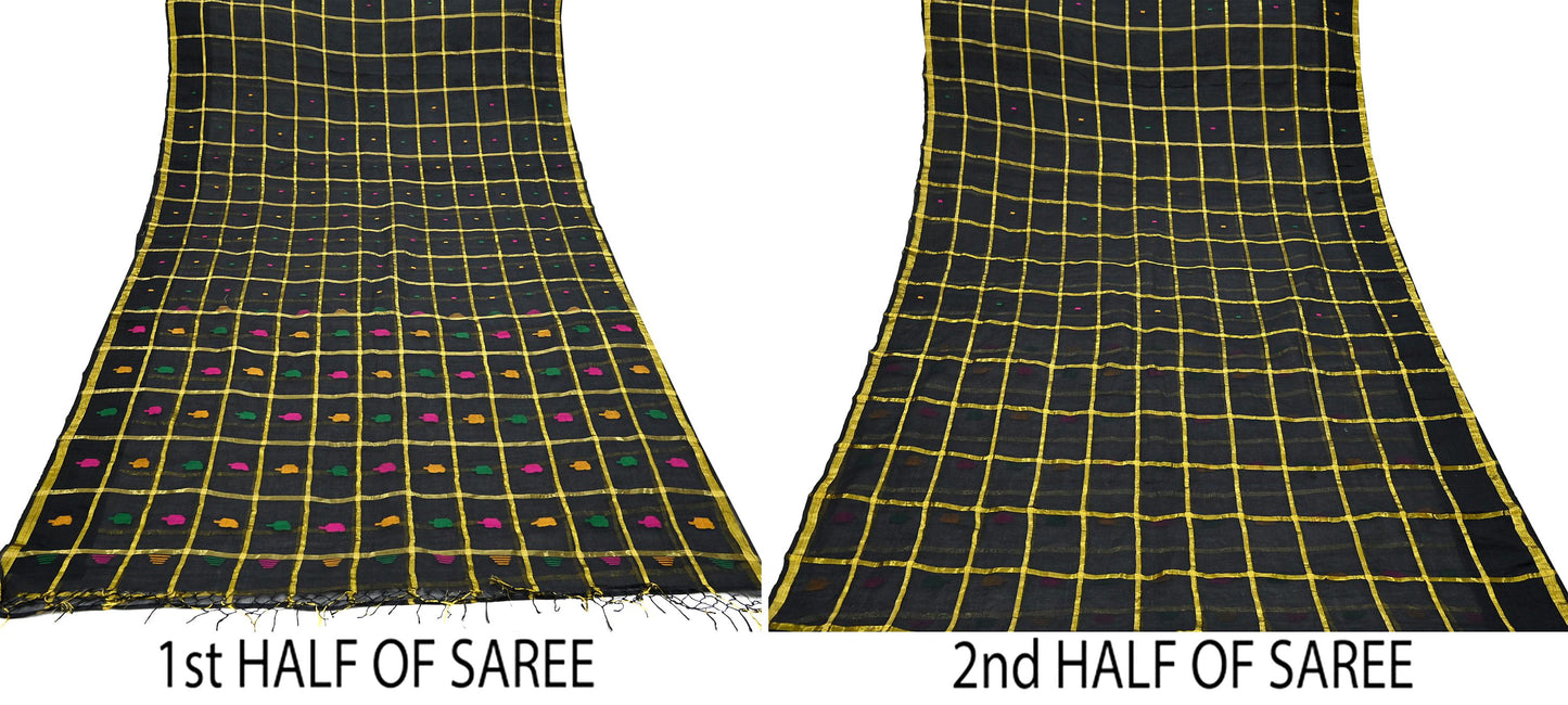 Indian Vintage Sari Black Pure Cotton Hand Woven Sarees Craft Fabric 5yd Ethnic Floral Crafting Upcycle Quilting Dress Making