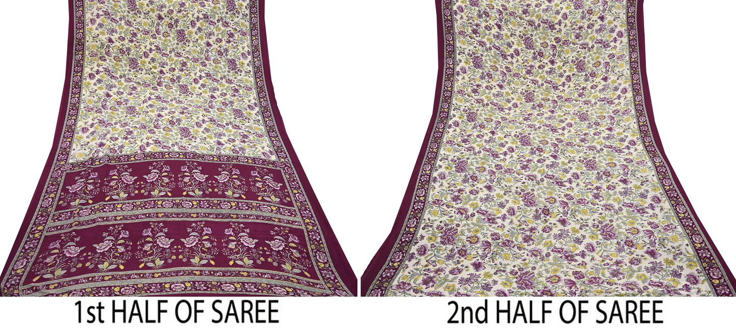 Indian Vintage Sari Maroon & Ivory Moss Crepe Printed Sarees 5yd Craft Fabric Sewing Floral Soft Dress making Quilting Crafting Upcycle Used