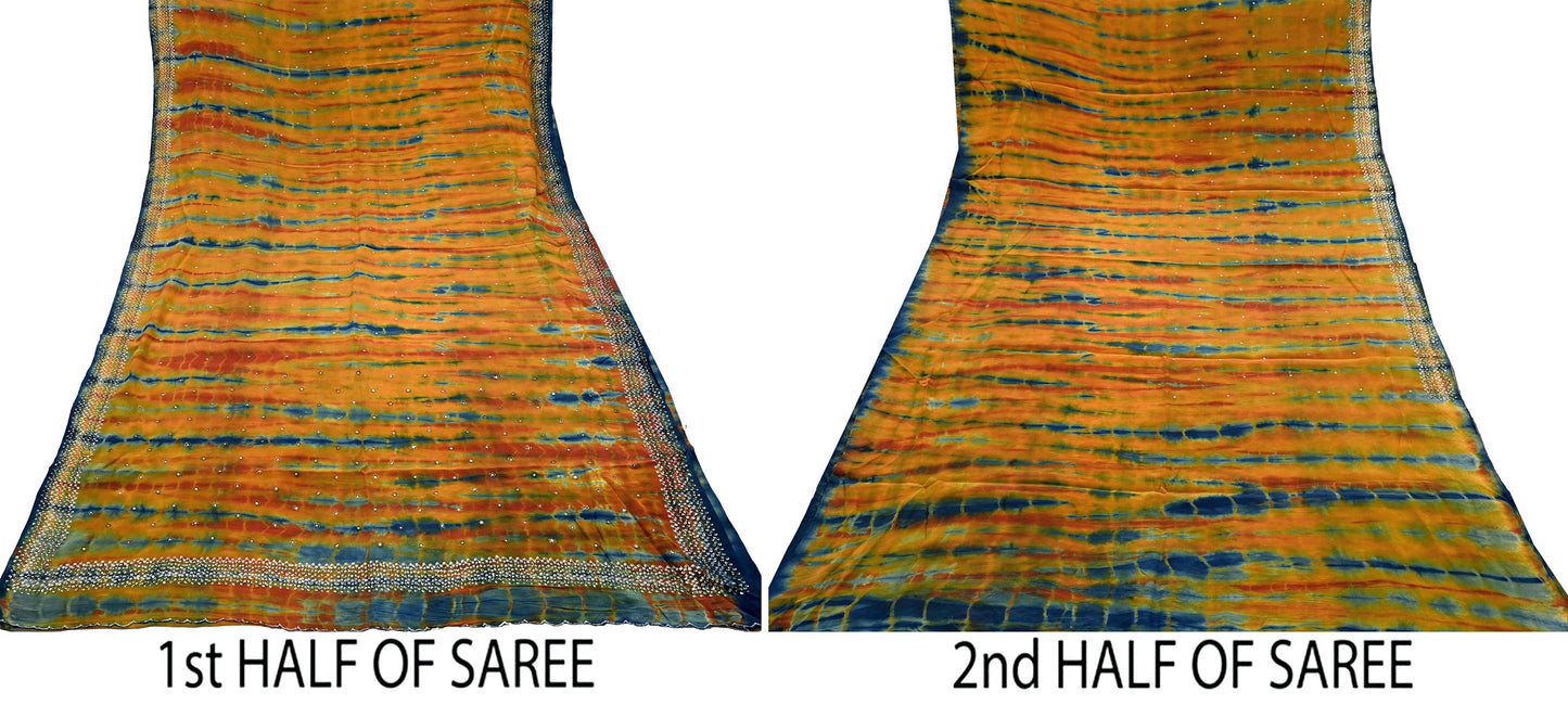 Indian Vintage Multi Saree Pure Crepe Silk Hand Embroidered Tie-Dye Sari Fabric 6yard Sewing Craft Fabric Ethnic Sequins Dressmaking