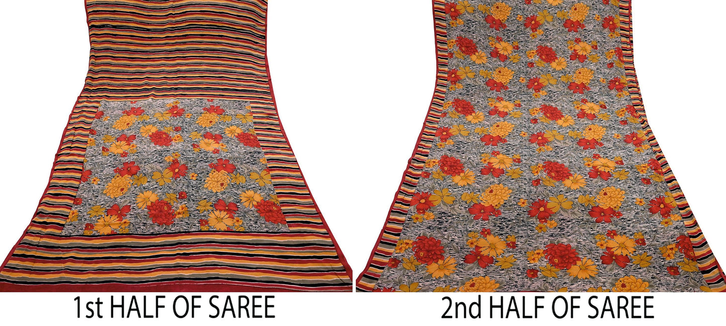 Indian Vintage Sari Multi Pure Crepe Silk Printed Saree 5yard Sewing Ethnic Wrap Craft Fabric Dressmaking Crafting Upcycle Quilting