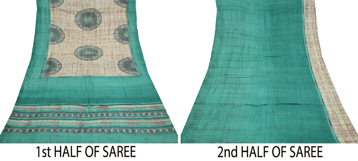 Indian Vintage Green & Beige Saree Pure Khadi Silk Handloom Printed Sari Fabric 5yd Ethnic Wear Sari Stripes Designs Dress making Crafting