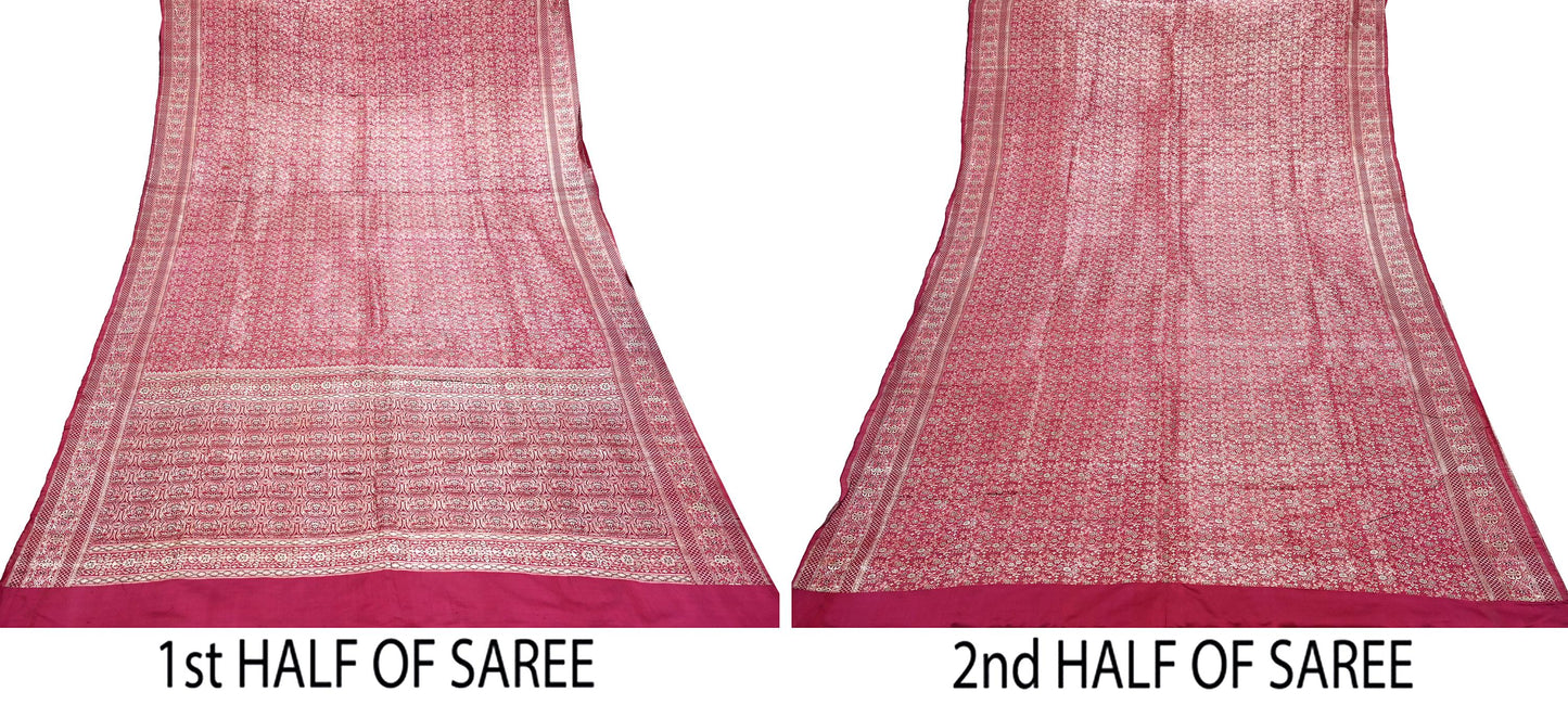 Indian Vintage Sari Wine Heavy Wedding Pure Satin Silk Woven Banarasi Tanchoi Saree 5Yd Ethnic Craft Fabric Upcycle Bridal Heavy Sarees