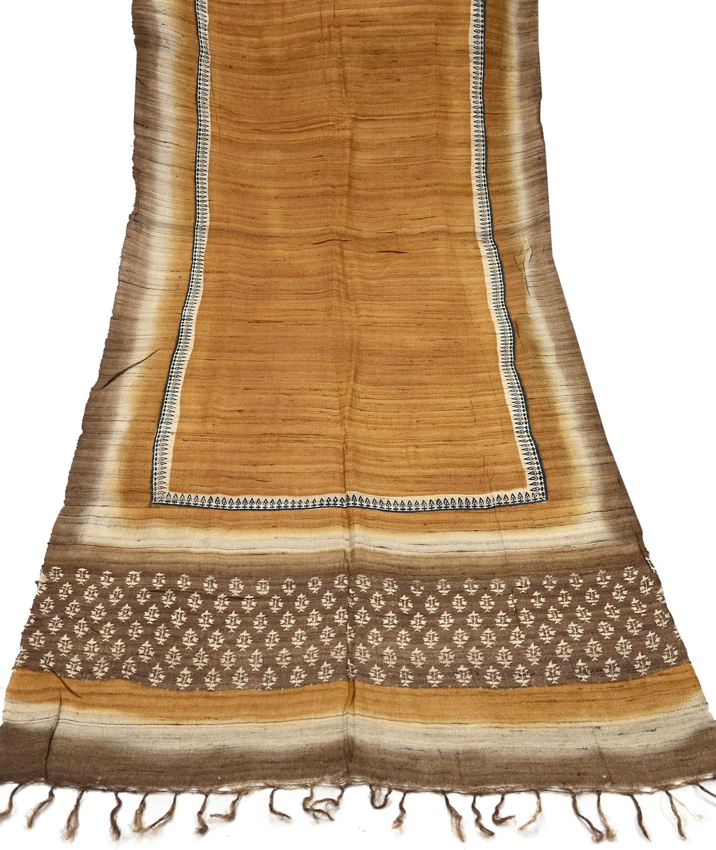 Indian Vintage Brown & Mustard Dupatta Long Stole 100% Pure Khadi Silk Hand Woven/ Printed Scarves Veil Scarf Wrap Hippie Fringes