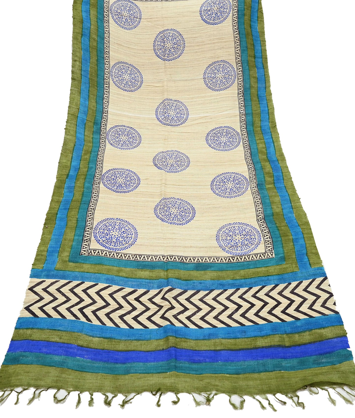 Indian Vintage Beige & Green Dupatta Long Stole 100% Pure Khadi Silk Hand Woven/ Printed Scarves Veil Scarf Wrap Hippie Fringes