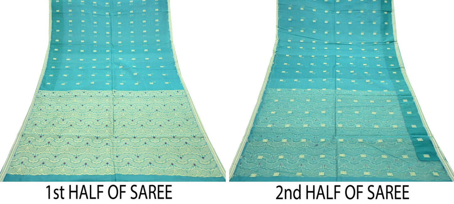 Indian Vintage Sari Green Pure Cotton Hand Woven Sarees Craft Fabric 5yd Ethnic Crafting Quilting Dress Making Quilting Upcycle