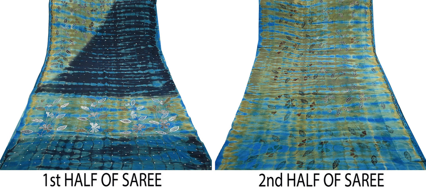 Indian Vintage Saree Pure Crepe Silk Hand Embroidered Tie-Dye Sari Fabric 5yard Sewing Craft Fabric Ethnic Dressmaking Crafting Zari
