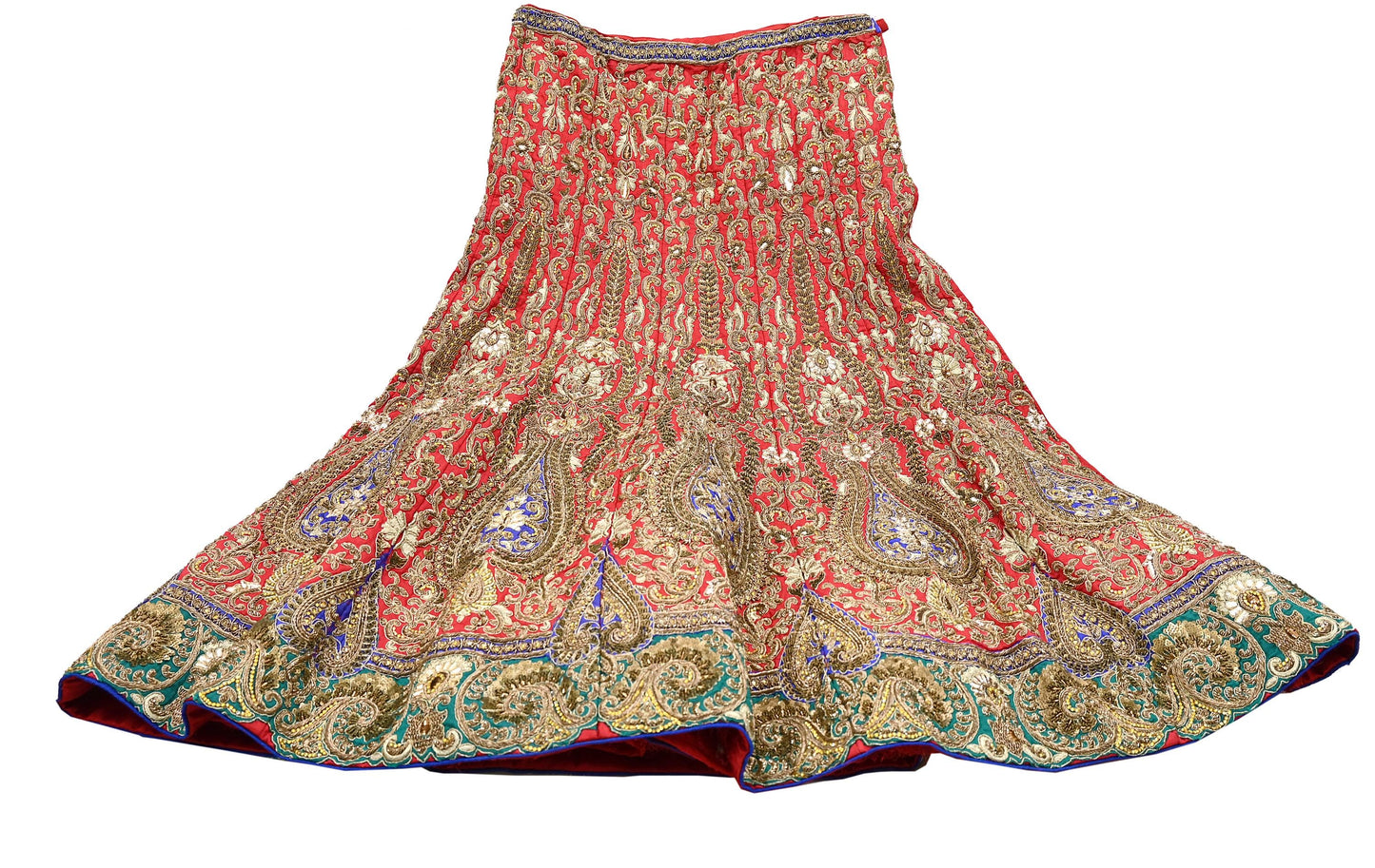 Indian Vintage Heavy Red Pure chanderi Silk Hand Embroidered semi stitched Lehenga/Skirt By Designer Sabyasachi Bridal Wear Dabka/ Zardozi