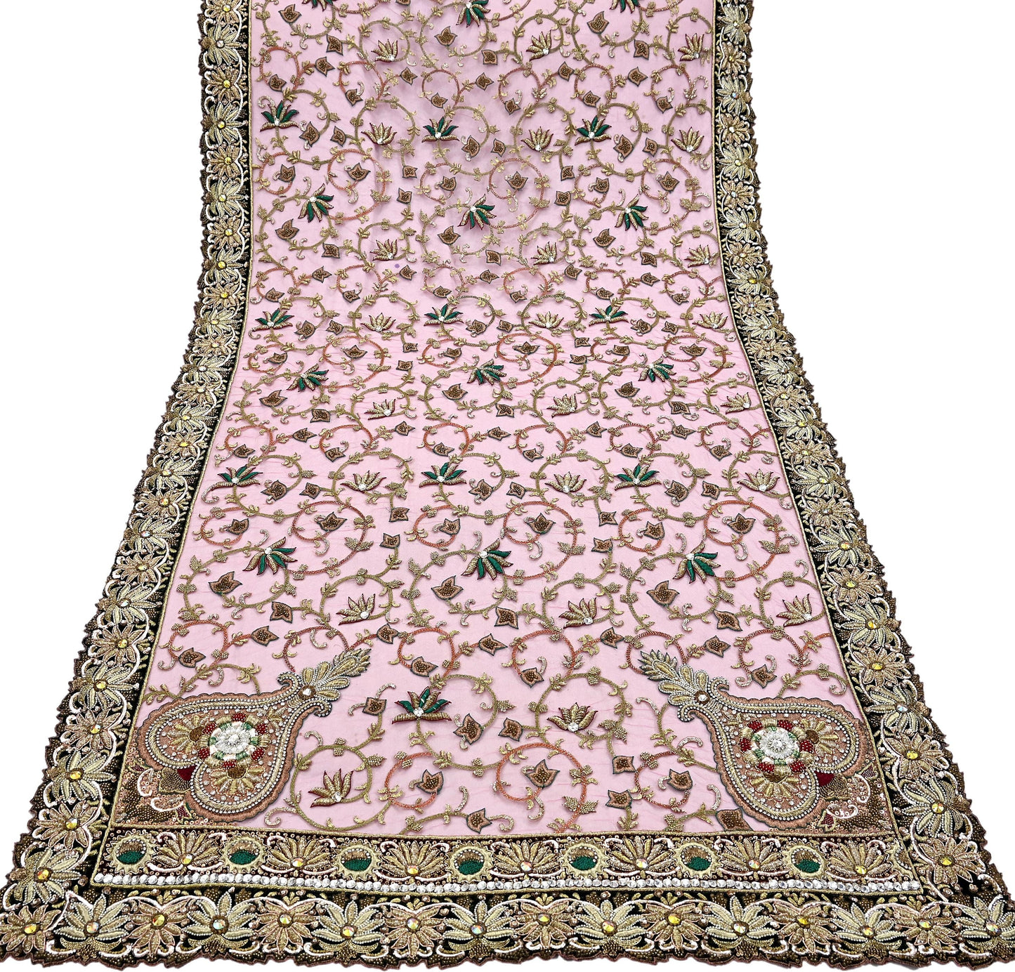 Indian Vintage Heavy Wedding Pink Net/Mesh/ Velvet Hand Embroidered Dupatta Designer By Anamika Khanna Bridal Wear Dabka Zardozi Veil Hijab