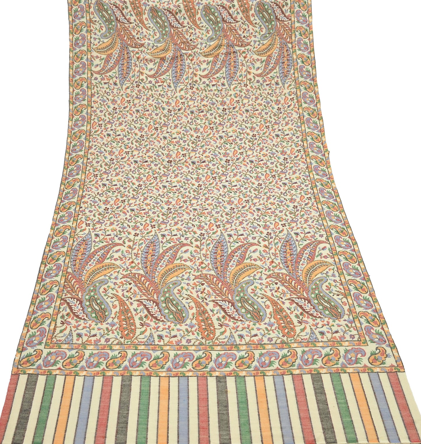 Vintage Stole Ivory woolen Handmade Jamawar work Long Throw Warm Stole Paisley Design Fringes