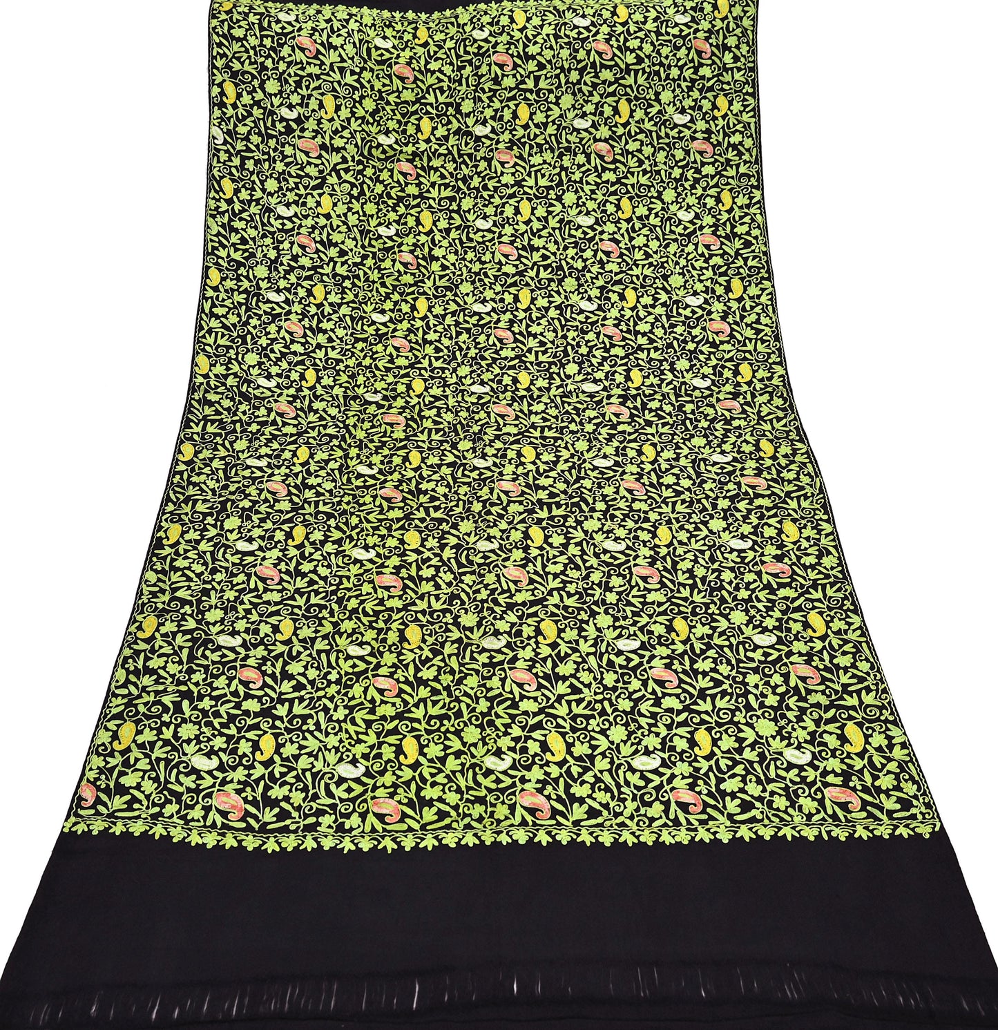 Indian Vintage Black Pure Woolen Shawl Handmade Ari work Long Throw Stole Warm Stole Floral Design Upcycle Crafting Used