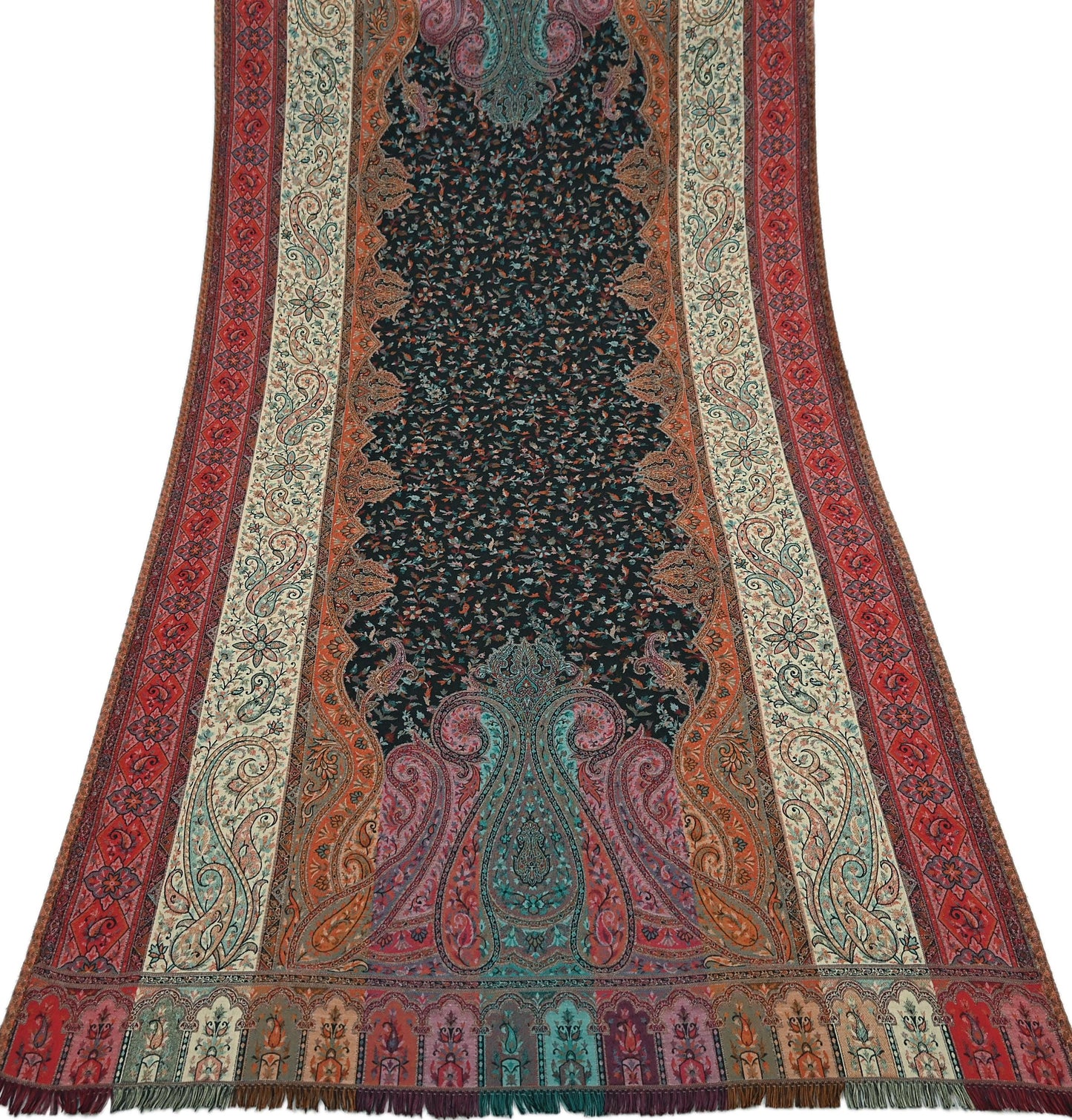 Vintage Stole Black woolen Handmade Jamawar work Long Throw Warm Stole Paisley Design Fringes