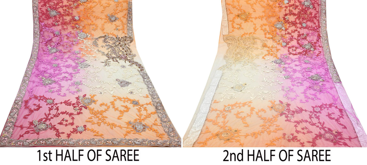 Indian Pre-owned Sari Multi Net/Mesh Hand Embroidered Anamika Khanna Designer Sarees Ethnic 5Yd Sewing Zardozi/Dabka Zari Wedding Sarees