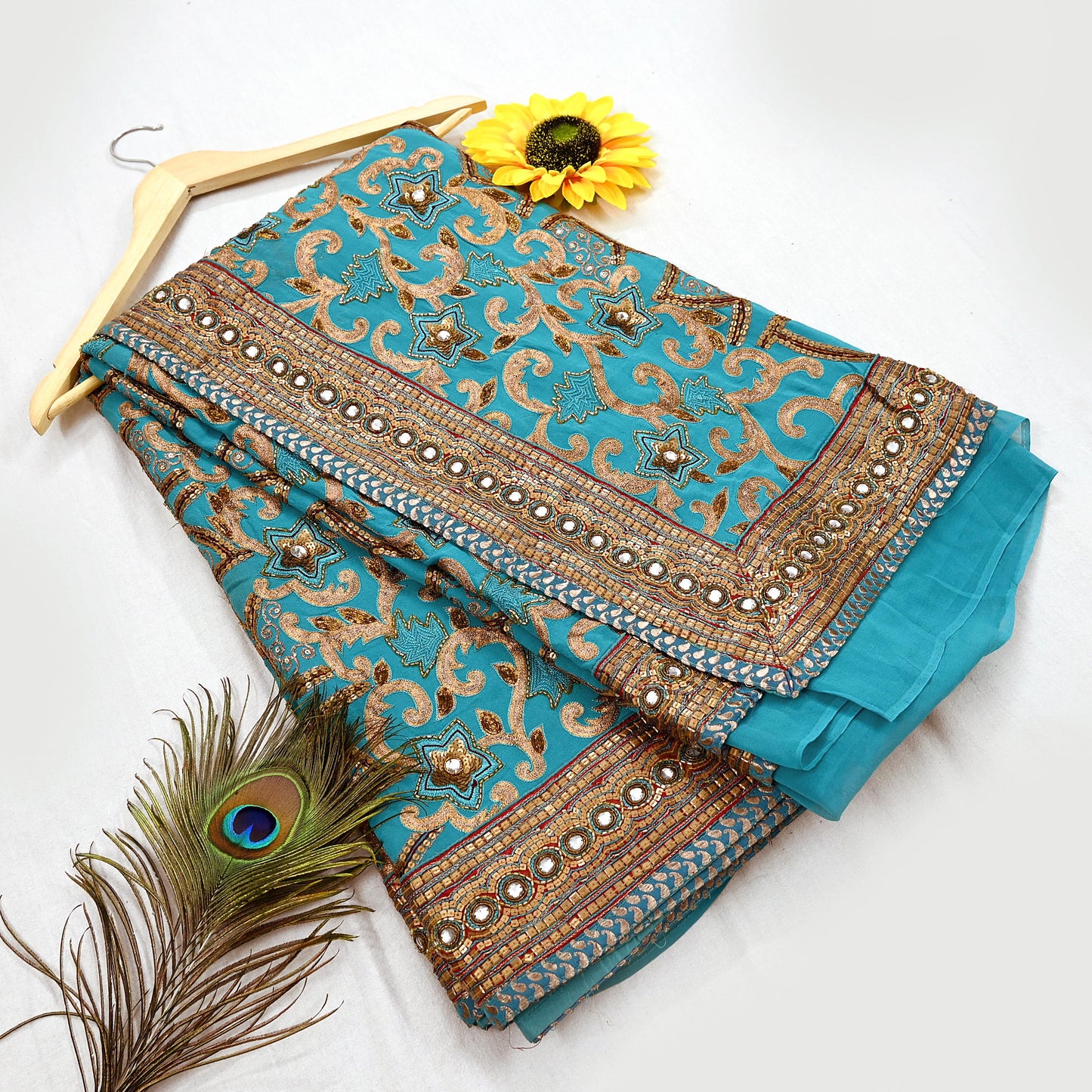 Indian Pre-owned Sari Green Pure Georgette Silk Hand Embroidered Anamika Khanna Designer Sarees Ethnic 6Yd Sewing Zardozi Wedding Sarees