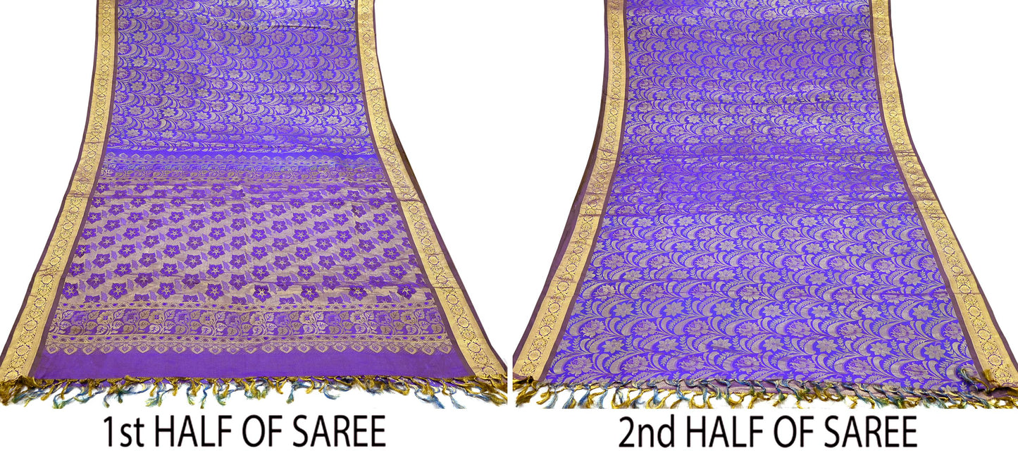 Indian Vintage Heavy Purple & Blue Saree 100% Pure Silk Hand Woven Kanjeevaram Sari 5yd Ethnic Zari Premium Wedding Saree with blouse
