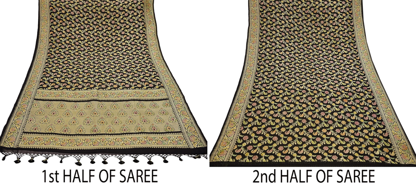 Antique Vintage Black Saree Pure Georgette Silk Hand Woven Banarasi Sari Craft Fabric 5Yd Sewing Soft Ethnic Zari Dress Making