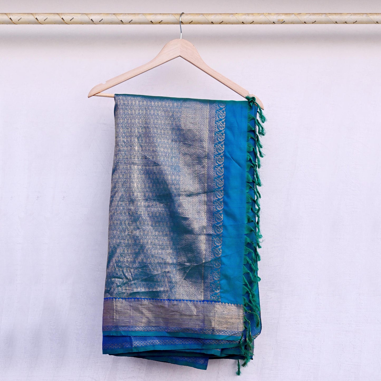 Indian Vintage Heavy Blue & Green Saree 100% Pure Silk Hand Woven Kanjeevaram Sari 5yd Ethnic Zari Premium Wedding Saree Fringes