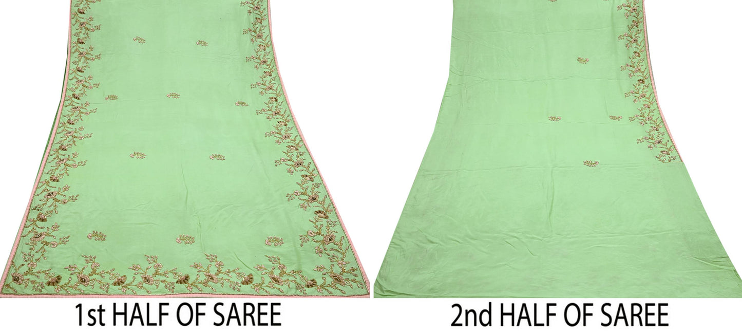 Indian Pre-owned Sari Green Pure Chanderi Silk Hand Embroidered Anamika Khanna Designer Sarees Ethnic 6Yd Sewing Zardozi Wedding Sarees