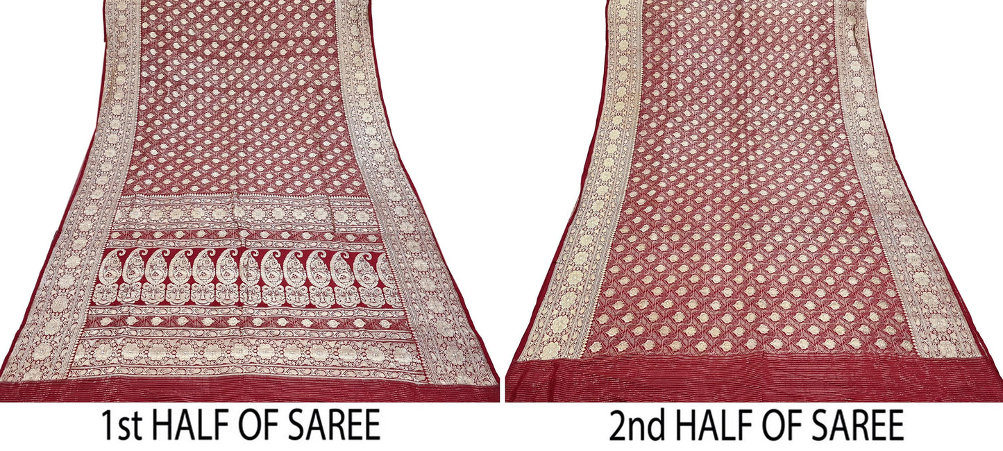 Indian Antique Vintage Heavy Sari Maroon Pure Silk Hand Woven Banarasi Sarees Zari 5Yd Pre-owned Designing
