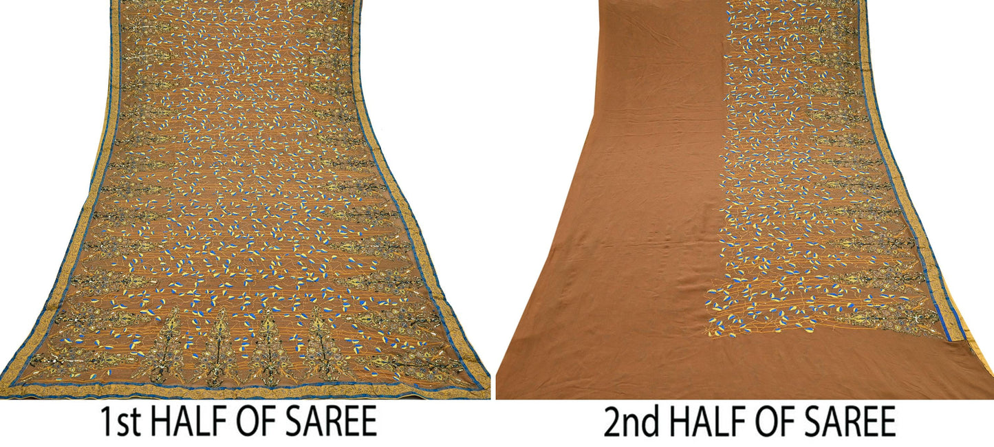 Indian Pre-owned Heavy Sari Brown Pure Georgette Silk Hand Embroidered Kantha Sarees Designer Abu Jani 6Yd Sewing Ethnic Sarees
