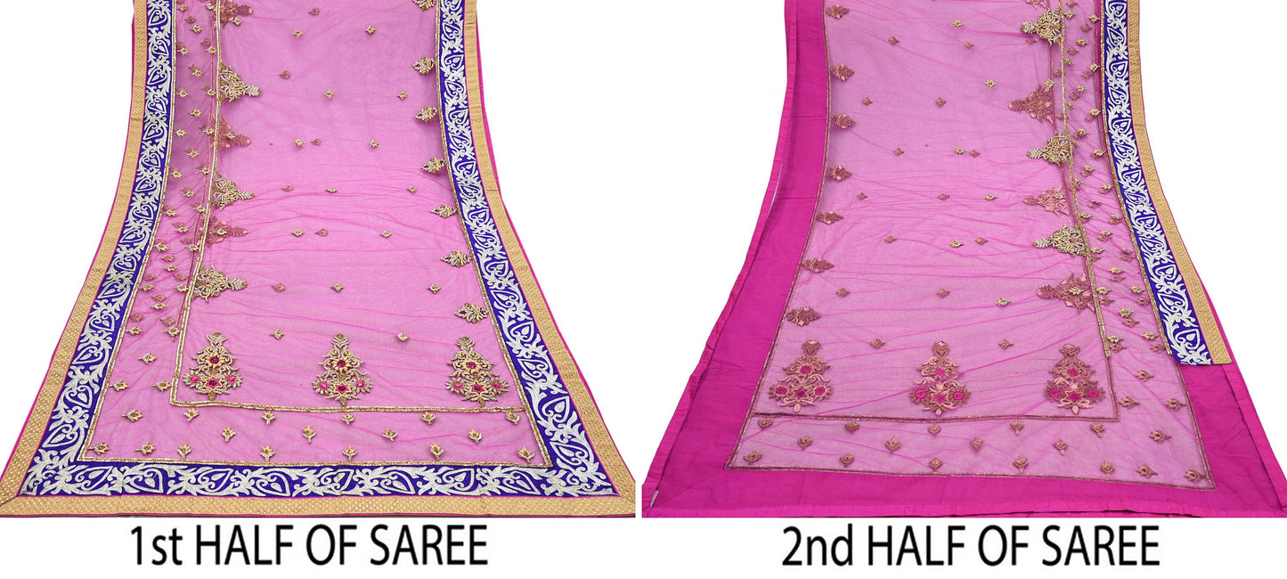 Indian Pre-owned Sari Purple Net/Mesh Hand Embroidered Anamika Khanna Designer Sarees Ethnic 6Yd Sewing Zardozi/Dabka Zari Wedding Sarees