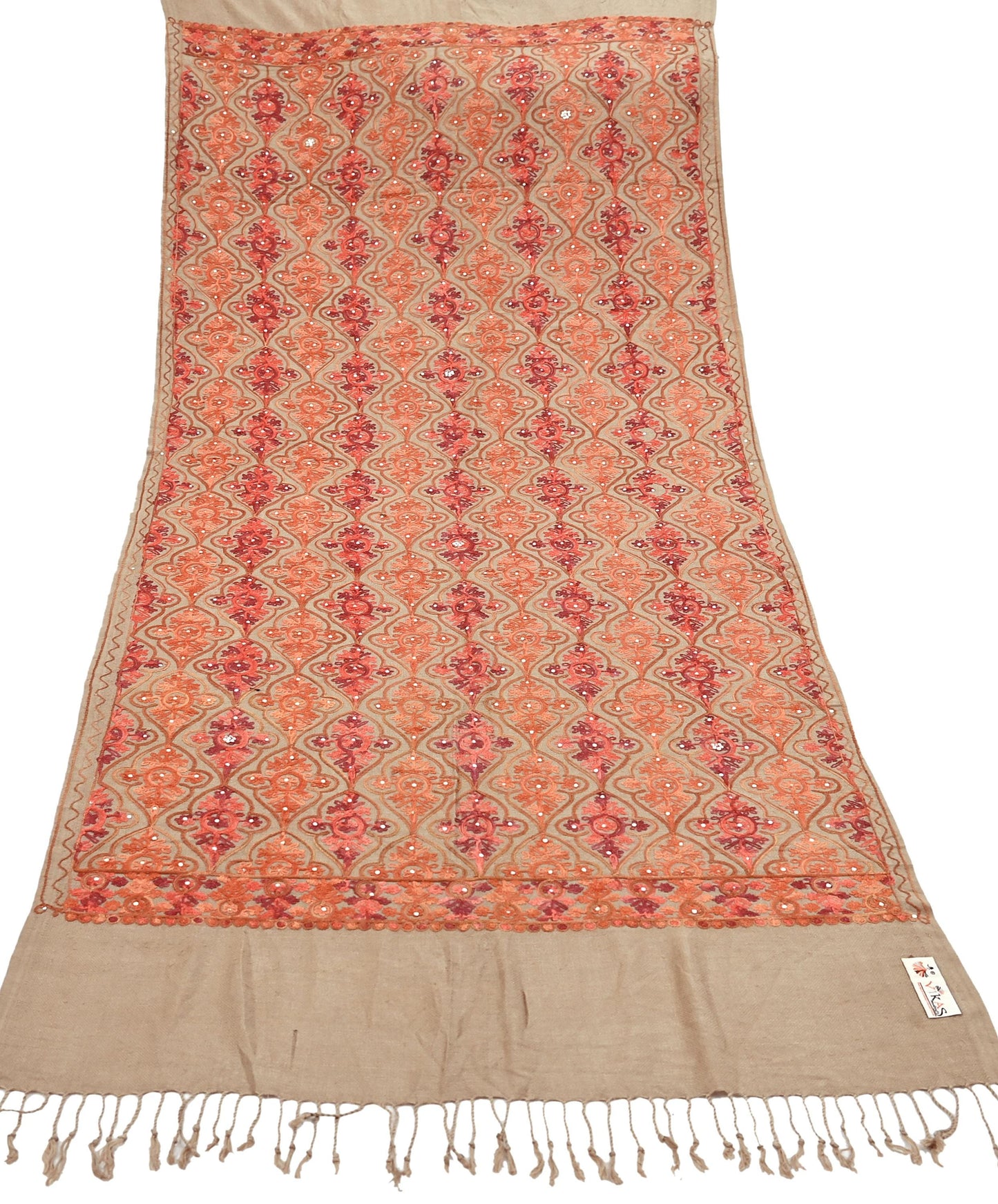Vintage Stole Brown woolen Handmade Ari work Long Throw Warm Stole Floral Design Fringes