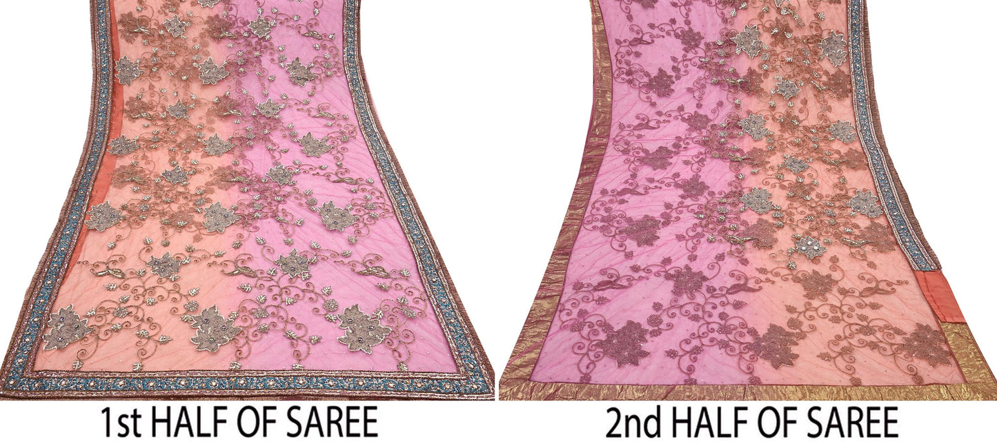 Indian Vintage Heavy Saree Pink & Orange Net/Mesh Hand Embroidered Sari Fabric 5Yd Sewing Soft Zardozi/Dabka Zari Sequins Wedding net sarees
