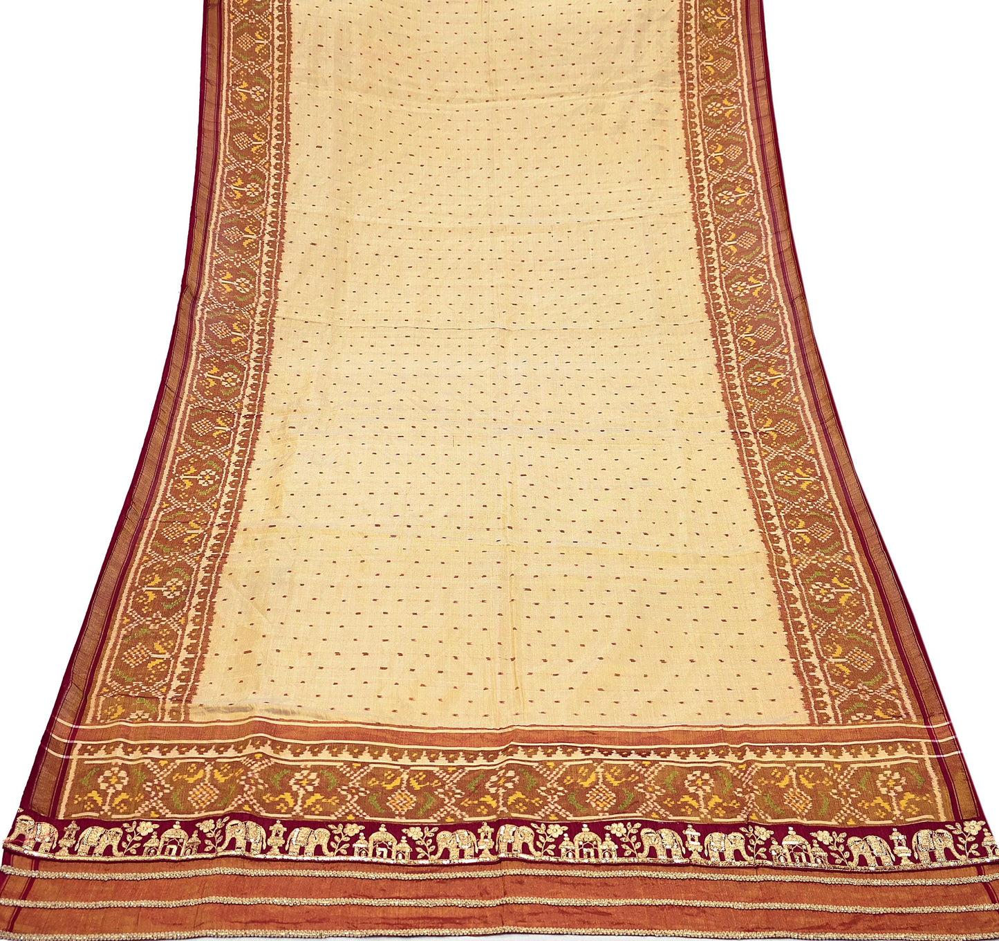 Indian Vintage Golden Dupatta Long Stole Hand woven Ikat Patola Hijab Pure Silk Scarves Veil Fringes