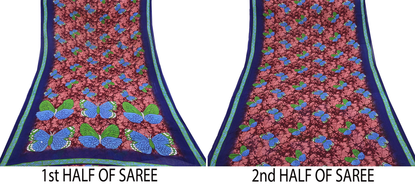 Indian Vintage Sari Maroon & Brown Printed Sarees Pure Cotton Craft Fabric Soft 5Yd Sewing Sarong Wrap Boho Floral Dress making Quilting