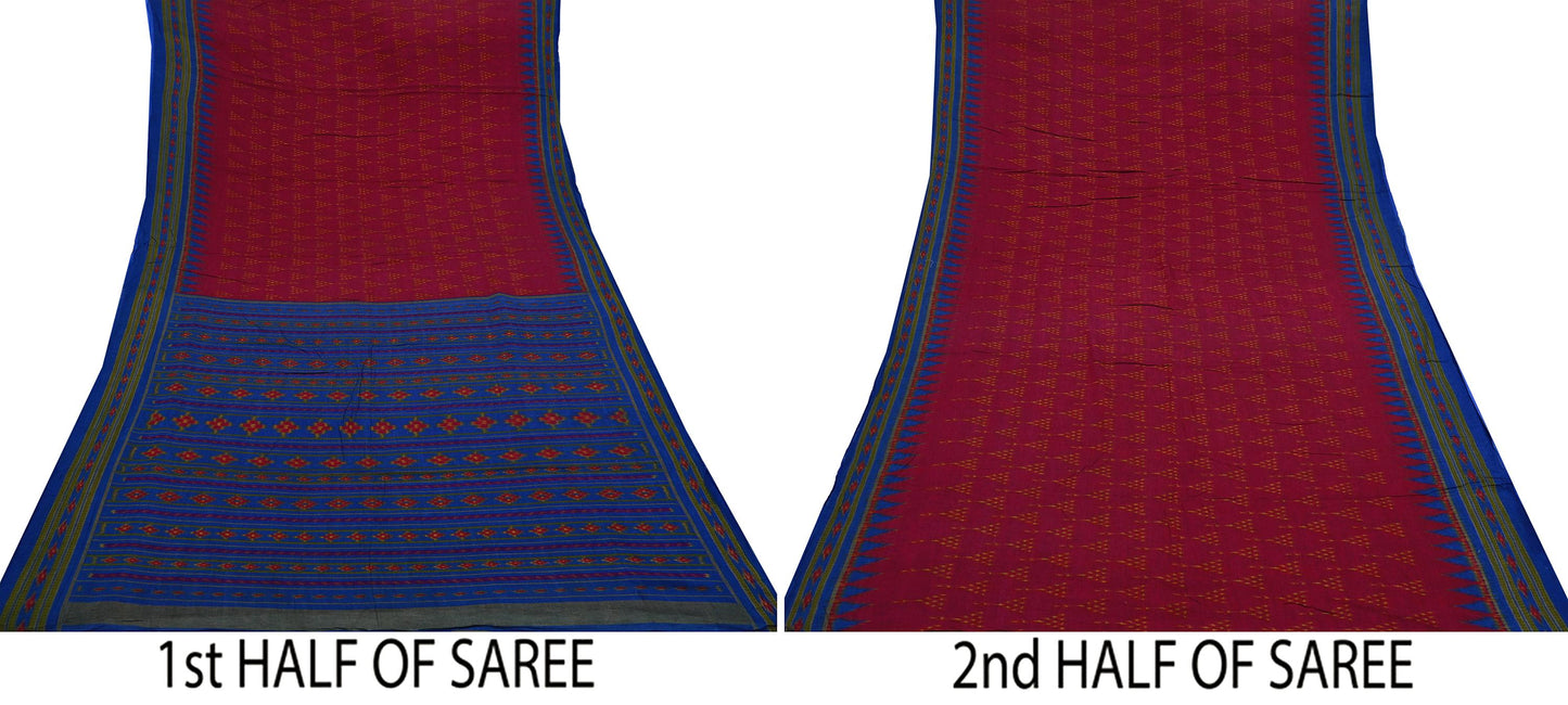 Indian Vintage Blue & Red Saree Ikat Printed Pure Cotton Sari Craft Fabric 5Yard Sewing Sarong Wrap Boho Dress Making Quilting Upcycle