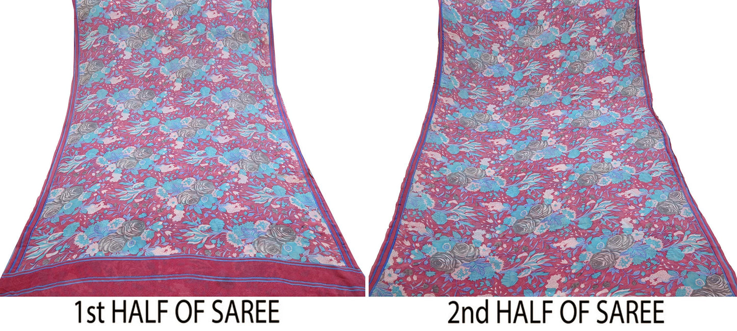 Indian Vintage Sari Pink Pure Georgette Silk Printed Saree Craft Fabric Sewing 6Yd Soft Light Dress Making Crafting Quilting Upcycle