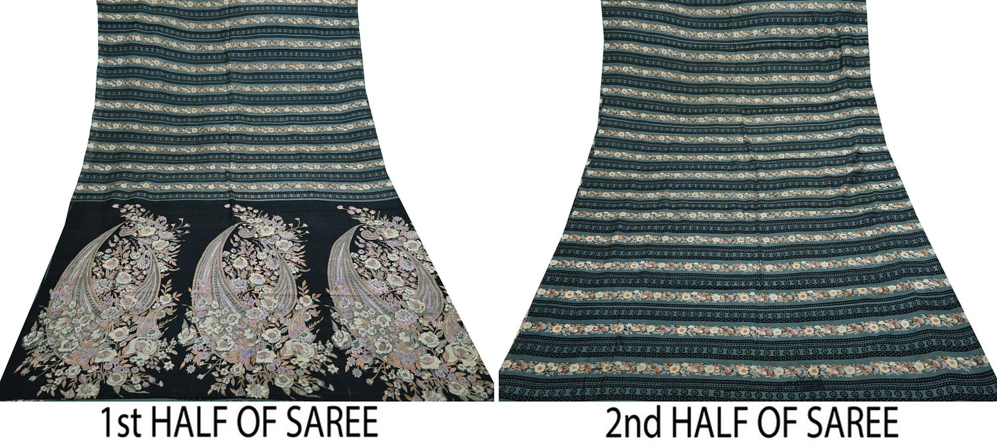 Indian Vintage Sari Black & Gray 100% Pure Silk Printed Saree 5yd Sewing Craft Fabric Dress Making Soft Crafting Quilting Upcycle Used