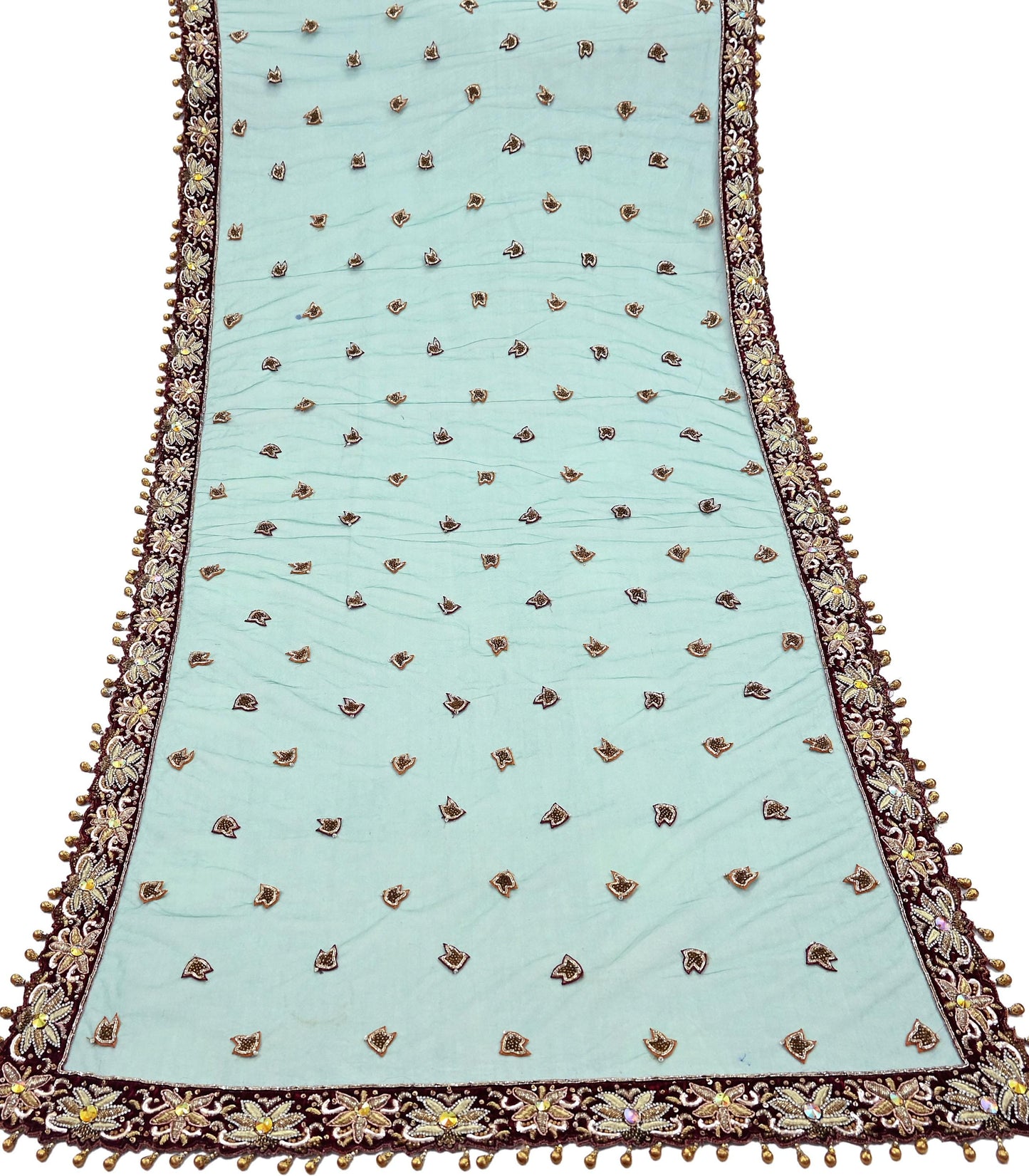 Indian Vintage Heavy Bridal Green Dupatta Net Mesh Long Stole Hand Embroidered Scarf Zardozi Zari Sequins Wedding Stole Veil hijab