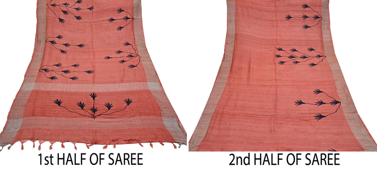 Indian Vintage Peach Saree Pure Khadi Silk Handloom Woven Zari Sari Craft Fabric 5yd Ethnic Wear Border Dress making Upcycle Fringes